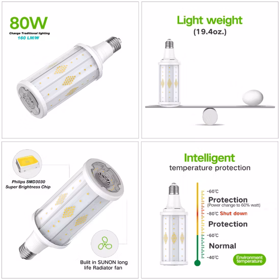 80W 12800 Lumen LED Lâmpada de milho 250W/400W HID/HPS/Mhl Retrofit/Oficina de substituição LED Lâmpada de milho/Luz/Lâmpada